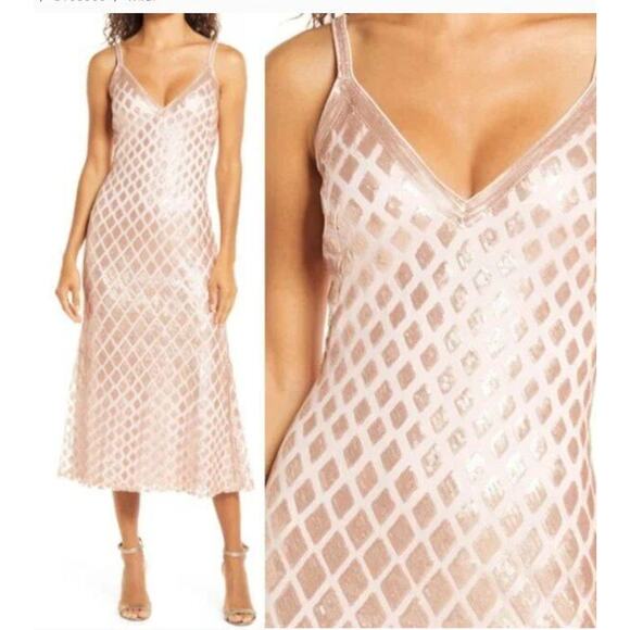 SHO Tadashi Shoji Sz 4 Diamond Sequins Midi Slip Dress Blush Pink Annabelle NWT - Picture 2 of 11